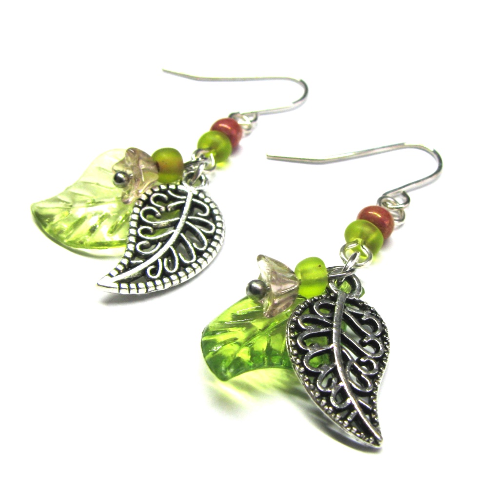 Leaf and Flower Earrings - Green or Orange - Image 2