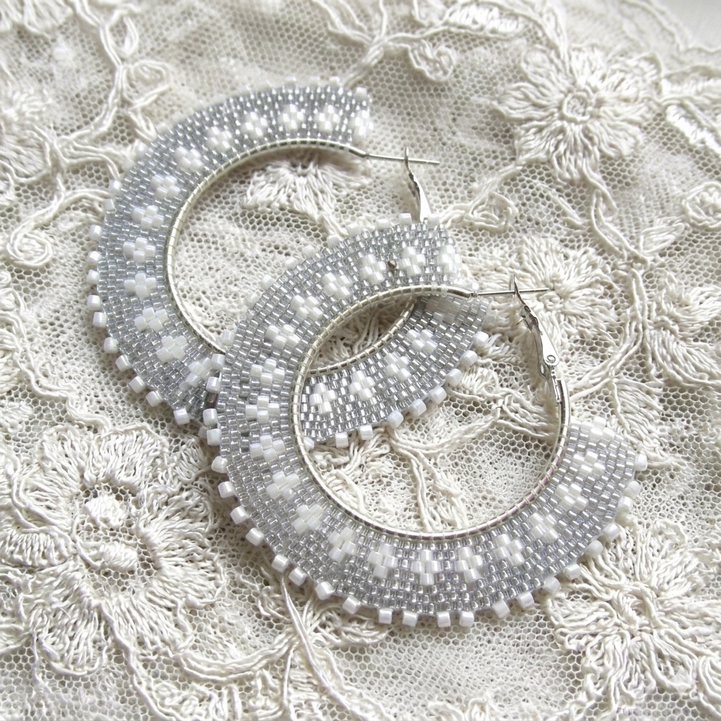 Peyote Hoop Earrings - Large Silver